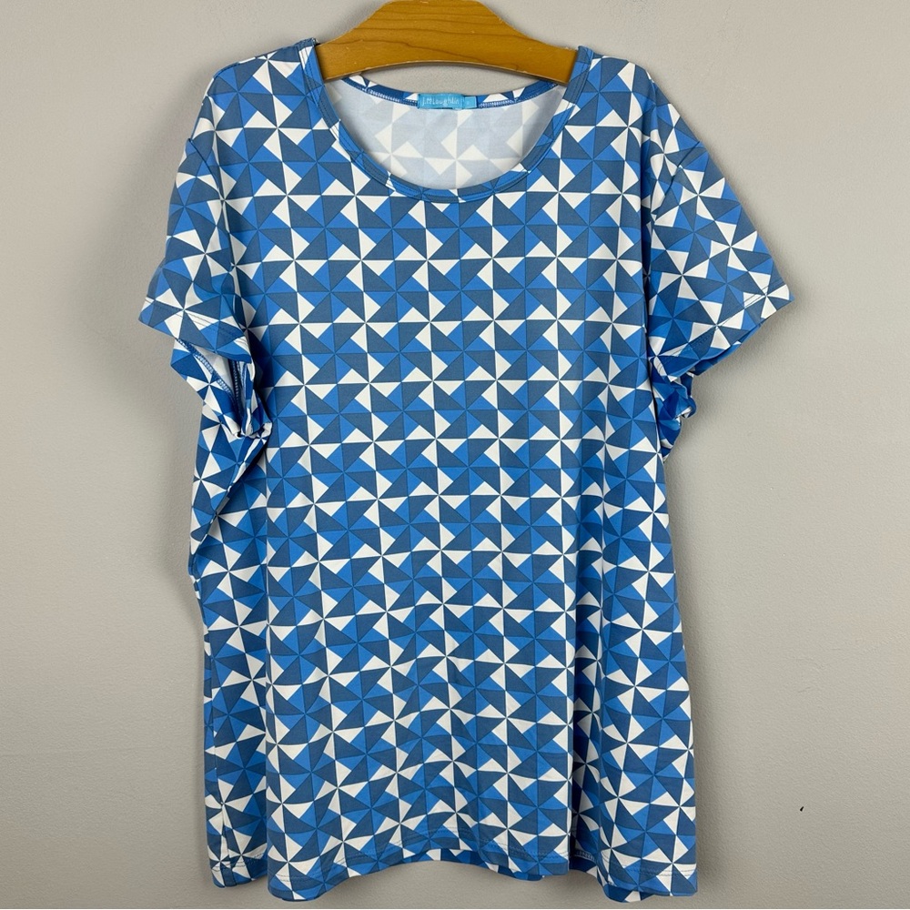 J. McLaughlin Blue Geometric Patterned T-Shirt Top sz L